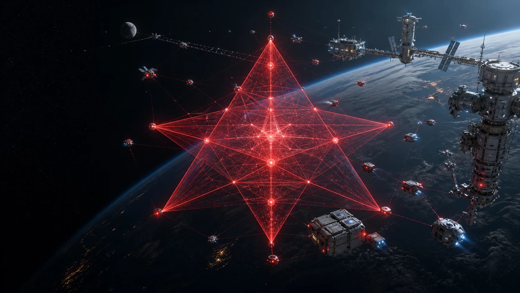 AI-generated concept visualization of orbital emergency logistics, sensing, and infrastructure repair