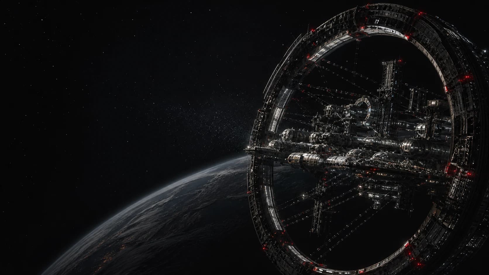 Concept rendering of an orbital teleport aperture and autonomous fabrication settlement