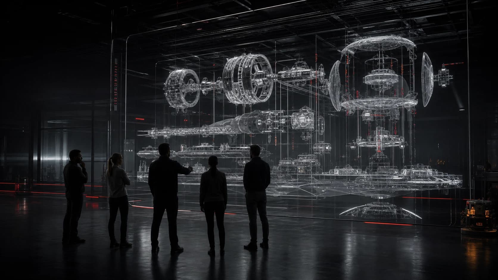 Researchers studying a transparent model of a future orbital settlement